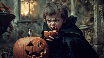 A child dressed as a vampire, with a cape and fangs, pretending to bite a pumpkin in a Halloween-themed setting