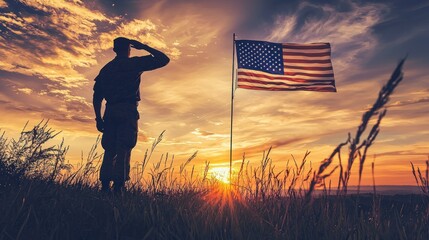 the silhouette of a soldier saluting the American flag at sunset.