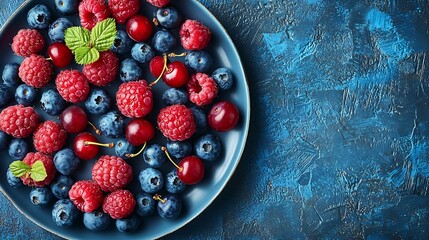 Poster - Assortment of fresh berries blueberries cherries raspberries on plate Blue background Top view : Generative AI