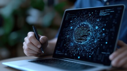 Programmer working on laptop with futuristic digital interface