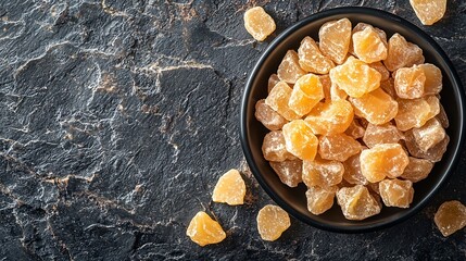 Poster - Candied ginger in black bowl on dark stone background Top view Copy space : Generative AI