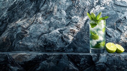 Aufkleber - Mojito cocktail with lime and mint in highball glass on a grey stone background Copy space : Generative AI