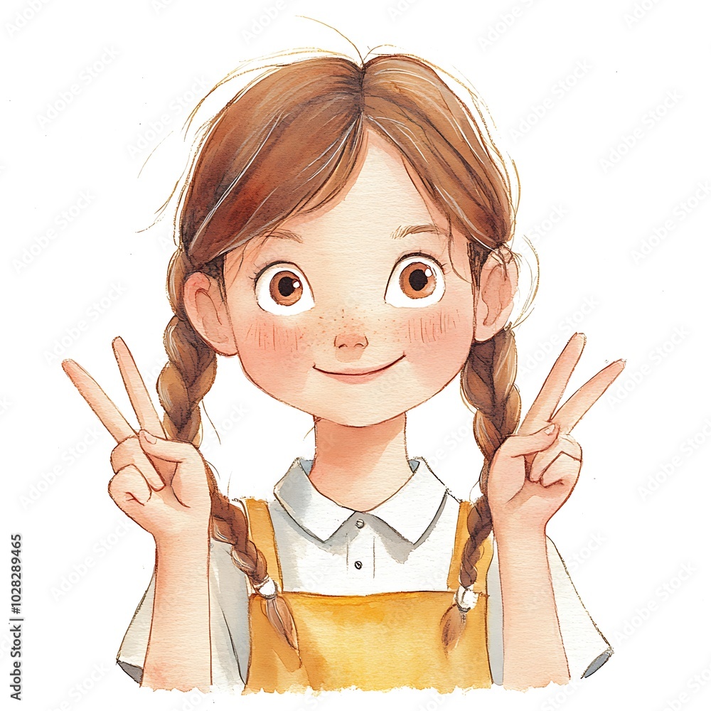 Watercolor Illustration of a Cheerful Young Girl with Braids Making a ...