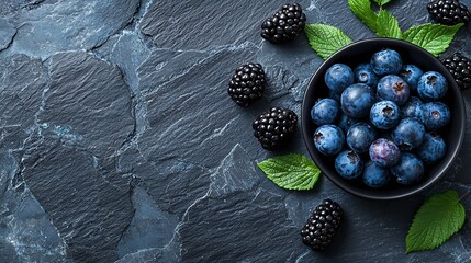 Poster - Blueberry and blackberry berries in black bowl on blue stone background : Generative AI