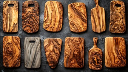 Poster - Cutting boards assortment made of olive wood Grey background Top view : Generative AI