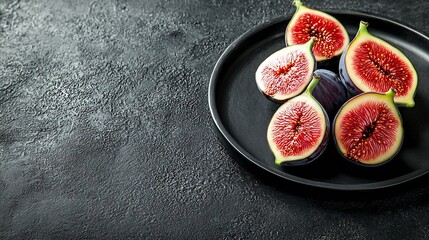 Poster - Fresh figs on black plate Dark background Close up Top view : Generative AI