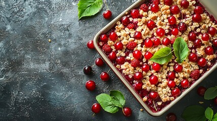 Wall Mural - Cherry red berry crumble in baking dish Grey background Top view Copy space : Generative AI