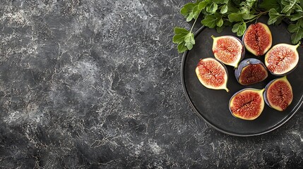 Poster - Fresh figs on black plate Dark background Top view : Generative AI
