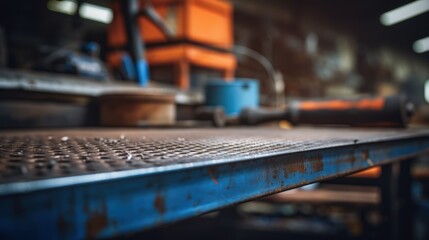 A metal blank tabletop with blurred automotive tools and parts in the background