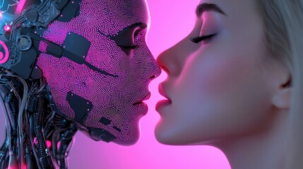 Canvas Print - Futuristic AI Robot and Woman Face to Face in Neon Light