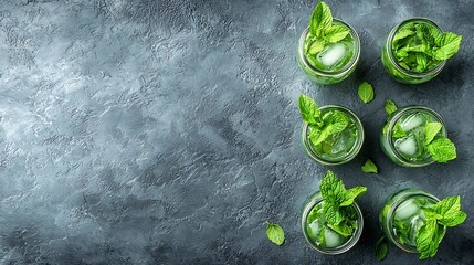 Poster - Mojito cocktail in glass jars on grey stone background Close up : Generative AI