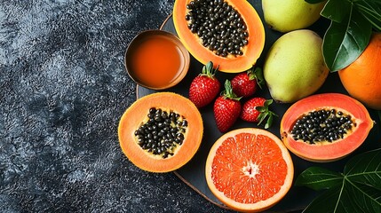 Poster - Tropical fruits assortment on a plate Slate background Copy space Top view : Generative AI