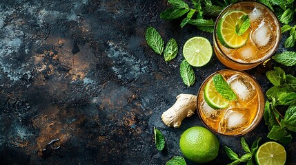 Poster - Moscow Mules cocktail with ginger beer vodka lime and mint Grey background Copy space : Generative AI