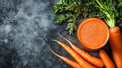 Carrot juice in glass and fresh carrots Healthy food on a grey stone background Top view Copy space : Generative AI