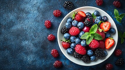 Poster - Blueberry and blackberry berries on a white plate on blue stone background Top view : Generative AI