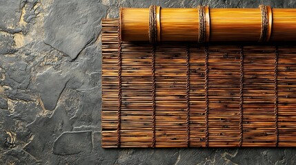 Poster - Wooden bamboo mat Slate background Copy space Top view : Generative AI