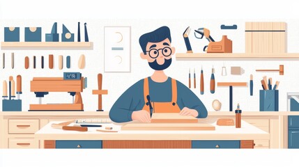 A Realistic Graphic Illustration of a Woodworker in His Workshop Surrounded by Tools and Materials