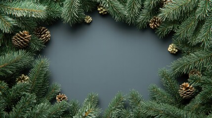 Christmas greeting card mockup with fir tree branches on grey background