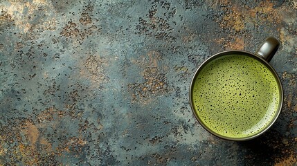Poster - Matcha green tea latte in a cup Grey stone background Top view : Generative AI