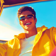 Retro, young man sitting in the front passenger seat of a convertible wearing a yellow jacket and sunglasses.