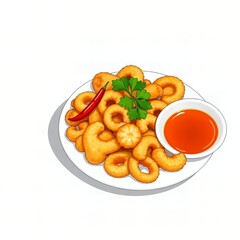 there is a plate of fried food with sauce and a chili.