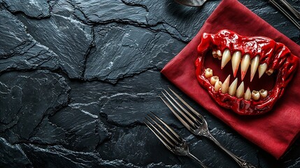 Poster - Halloween holiday table setting decoration with vampire teeth and red napkin Black slate background Top view : Generative AI