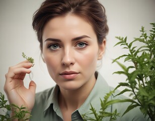 there is a woman holding a plant in her hand.