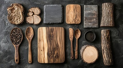 Aufkleber - Set of chopping different wooden boards spoons Stone background : Generative AI