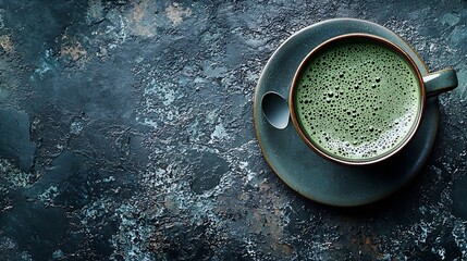 Poster - Matcha green tea latte in a cup Grey stone background Top view : Generative AI