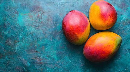 Poster - Fresh mango organic fruit on blue background Top view Copy space : Generative AI