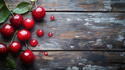 Poster - Fresh red cherry on wooden table background : Generative AI