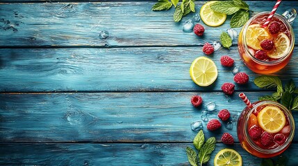 Poster - Raspberry cocktail fizz lemonade ice tea with fresh mint on blue wooden background Copy space Top view : Generative AI