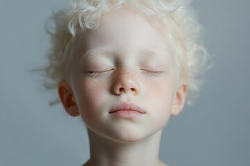 Wall Mural - Albinism. Cute Little Albino Girl Posing with One Eye Closed, Beautiful Caucasian Child Looking at Camera