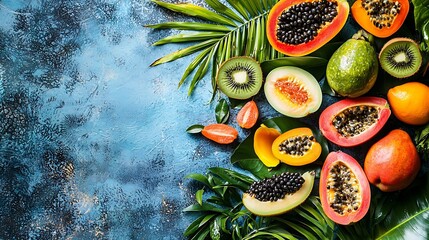 Poster - Assortment of tropical exotic fruits Blue background Top view : Generative AI