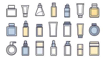 Poster - A set of outlined vector icons representing essential oil bottles, cream or lotion tubes, shampoo bottles, round makeup