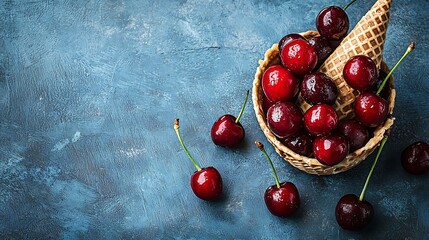Poster - Cherries in waffle cone on blue stone background Top view Copy space : Generative AI