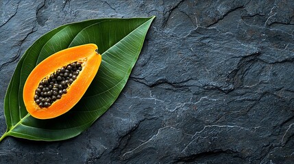 Poster - Fresh papaya fruit on palm leaf Grey stone background Top view : Generative AI