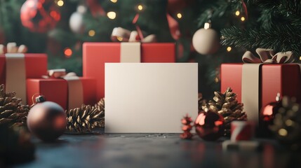 Wall Mural - Mockup of a blank postcard in front of christmas presents and ornament.