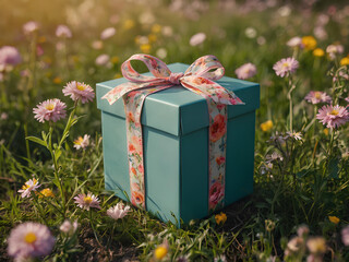 A gift box with a floral ribbon look against a vibrant, spring meadow backdrop.