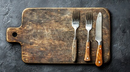 Poster - Cutting board with cutlery fork and knife Grey background Top view : Generative AI