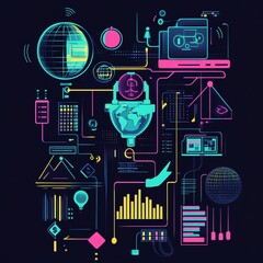 economy system visualized with global inflation, neon trend, digital network programs, flat design i