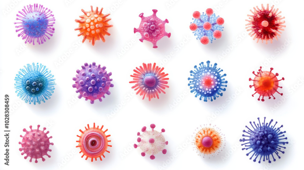 A realistic set of viruses, germs, and infection-causing bacteria cells, as seen under a microscope. These microbiology illustrations include various bacillus shapes, all rendered in vector style on a
