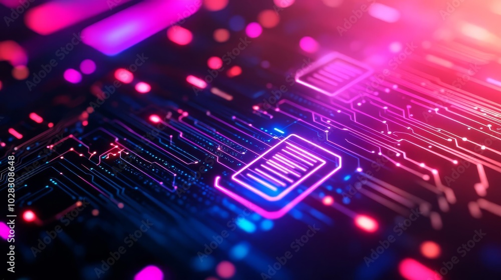 AI and blockchain mesh, neon circuit background, virtual reality interface, futuristic atmosphere