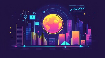 digital network showcasing global inflation, economy system with neon highlights, activity programs,