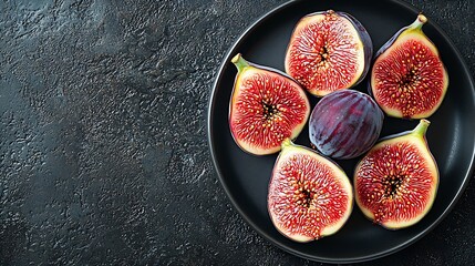Poster - Fresh figs on black plate Dark background Top view : Generative AI