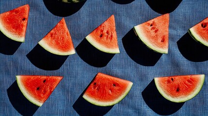 Aufkleber - Watermelon slices on blue textile background Fresh organic product Close up : Generative AI