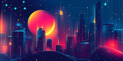 neon digital network, global inflation impact on economy system, program activities, flat design ill