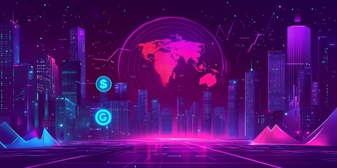 Digital economy network, global inflation tracking, neon program activities, flat design illustration