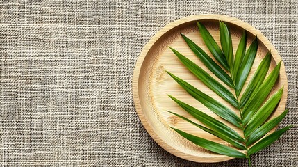 Poster - Wooden plate with palm leaf on natural linen textile background Copy space Top view : Generative AI