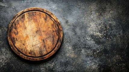 Poster - Round wooden plate cutting board Grey background Copy space Top view : Generative AI